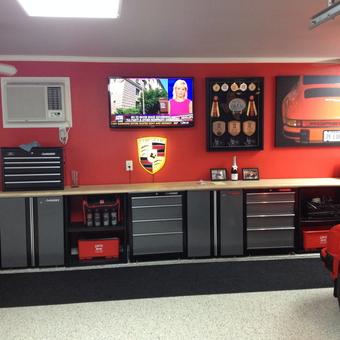 Red Porsche Garage with Husky Cabinets and Wall Art - Andy from Kennedale, TX