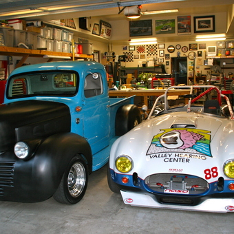 Classic Truck and Race Car in Organized Garage - John from Monterey, California