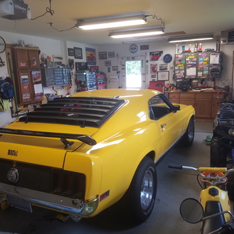 Organized garage with yellow Mustang Mach 1 - James from Downingtown, PA