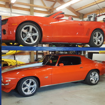 Garage Car Lift With Two Classic Cars and Wall Storage - Bill from Pasco, Washington