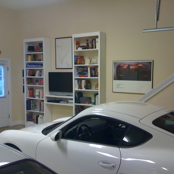 Organized garage with white sports car and shelving - Like home from Crossville, tn