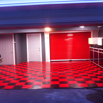 Red and Black Checkered Garage Floor with Cabinets - Keith from East Northport, NY