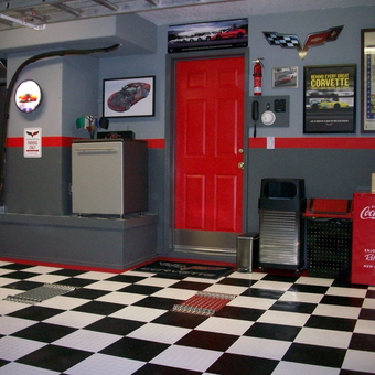 Checkered Garage Floor With Red Accents and Decor - Bert from Oro Valley, AZ