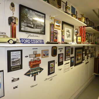 Classic car wall decor, trophies, and memorabilia display - James from Antelope, California