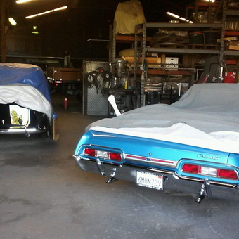Classic Cars Covered in Industrial Garage with Shelving - Tito from Commerce, Ca