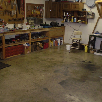 Organized workbench with tools and cabinets - Bob from Marion, IN