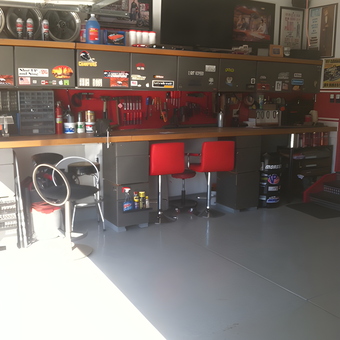 Organized Garage Workbench with Red Stools - Dan from Brighton, Colorado