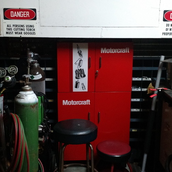Organized garage with Motorcraft cabinets and welding setup - G. Jones from Sunnyvale, California