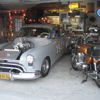 Classic Car and Honda Motorcycle in Decorated Garage - Rocket Doc from Paso Robles, Ca.