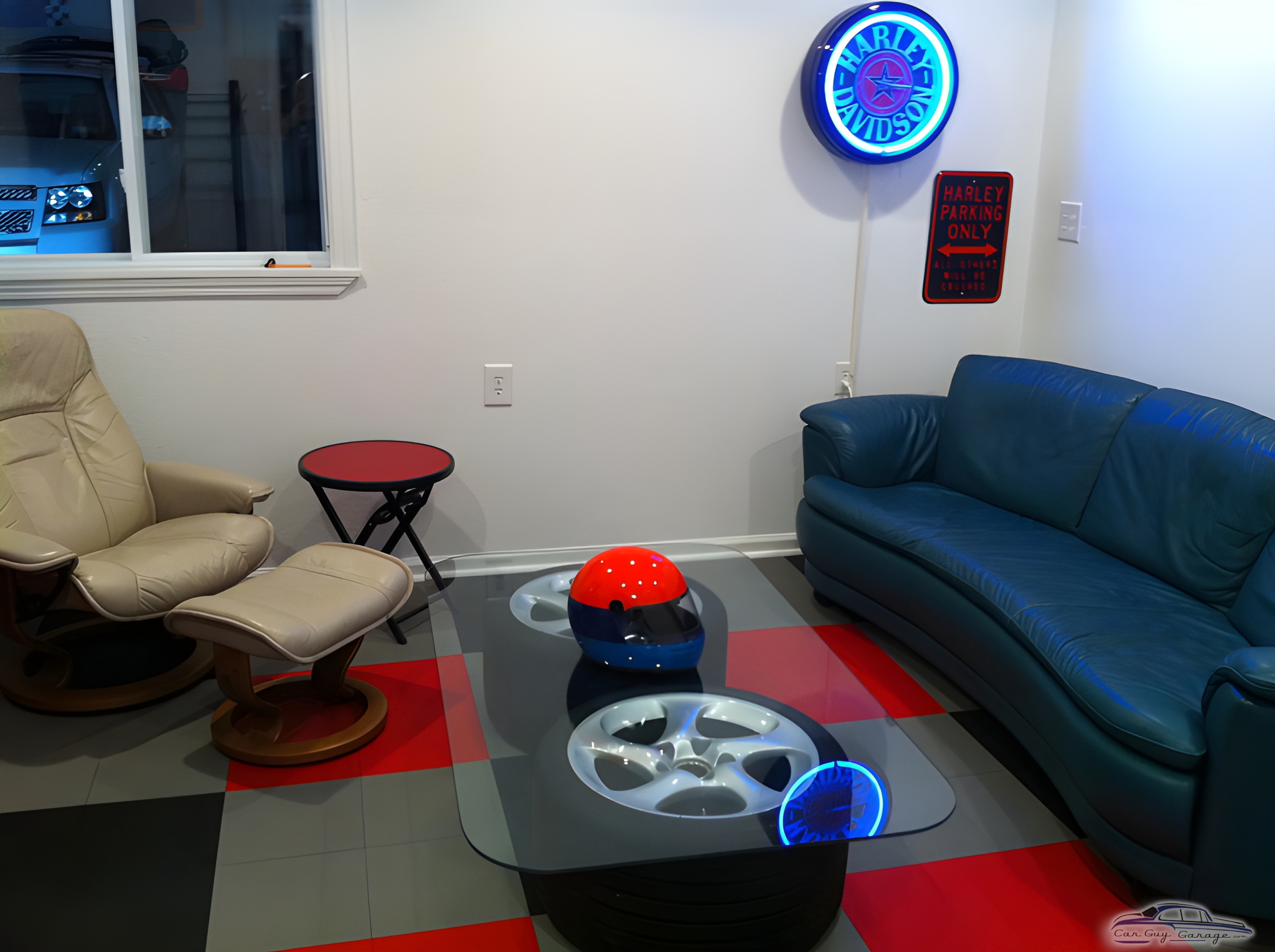 Garage lounge with Harley sign and tire table - Fotoab from Fairport, NY