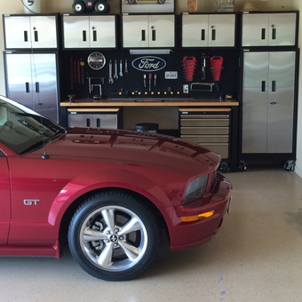 Stylish Garage Cabinets, Workbench, Ford Decor - Ted from Double Oak, TX