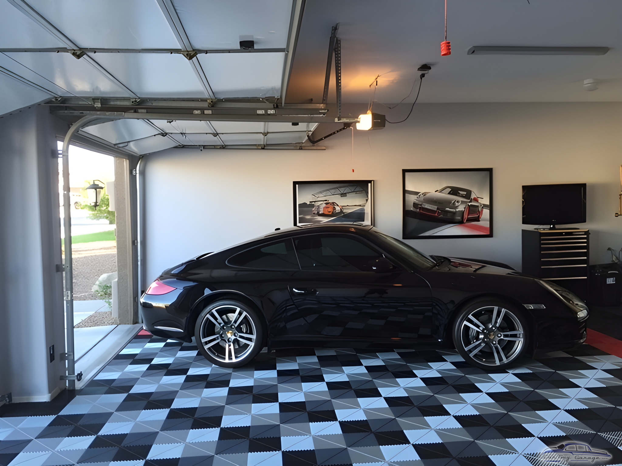 Modern garage with Porsche, wall art, and tile floor - tdz from Mesa, AZ