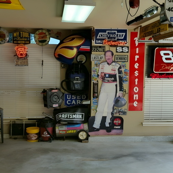 Vintage Garage Decor with Racing Signs and Cabinets - Don's Garage from Broken Arrow, OK