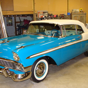 Classic blue and white Chevy in organized garage - Mike from Liberty township, oh