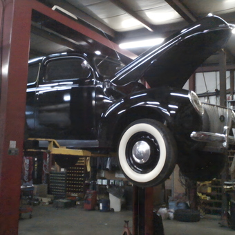 Classic car on two post lift in garage - Ron from New Braintree, Massachusetts