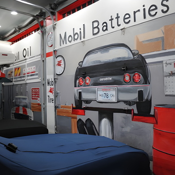 Garage wall mural with car lift and covered cars - Robert from Tenafly, NJ