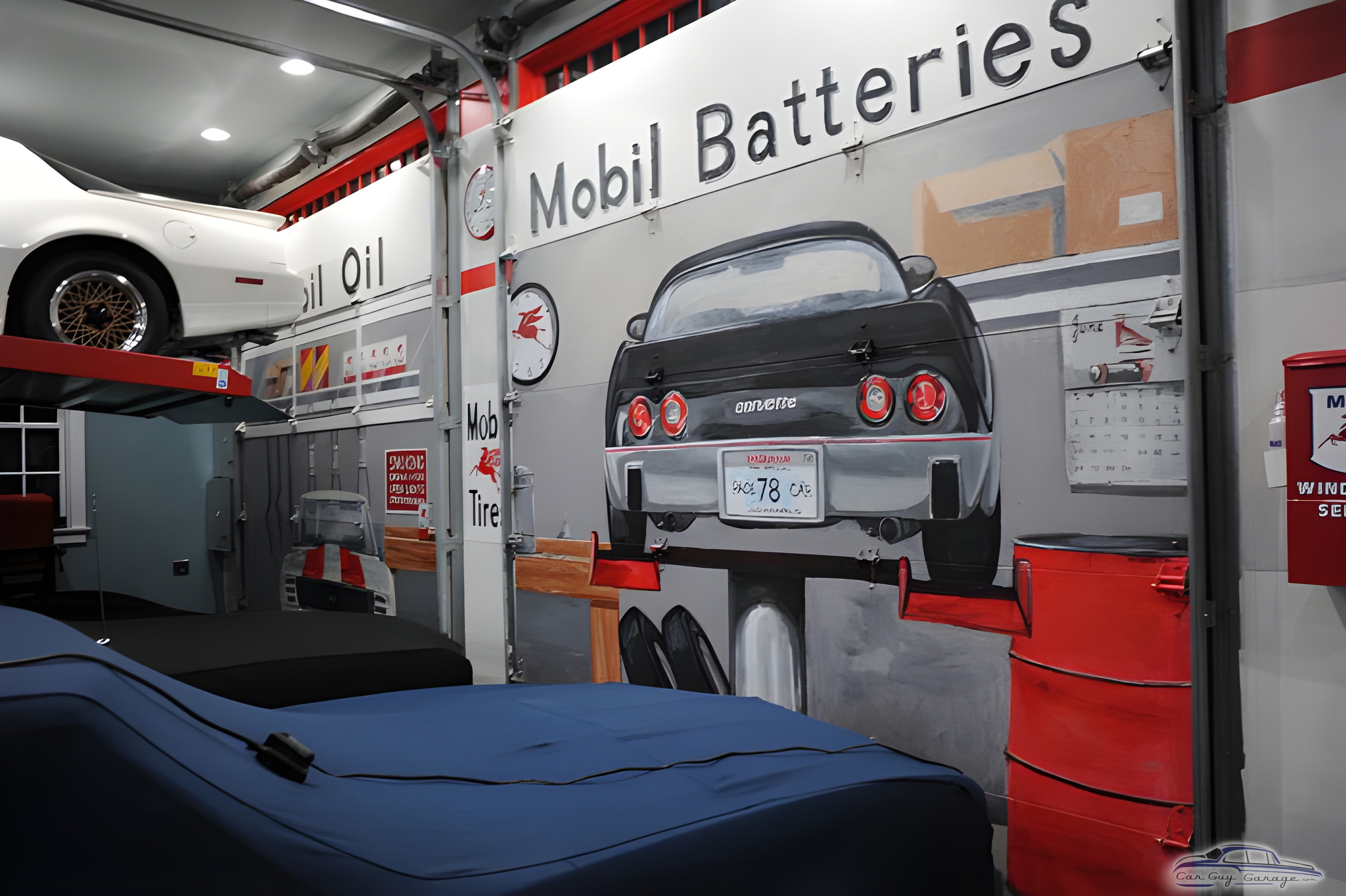 Garage wall mural with car lift and covered cars - Robert from Tenafly, NJ