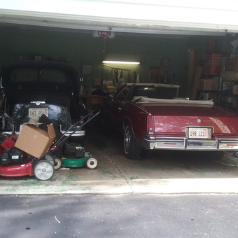 Classic Cars, Lawn Mowers, and Storage Shelves in Garage - Rob from Lincolnwood, IL