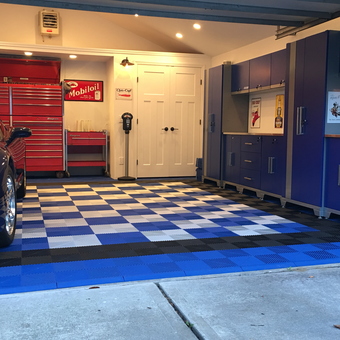 Blue Garage Cabinets and Checkered Flooring - Scott Michael from Merrick, NY