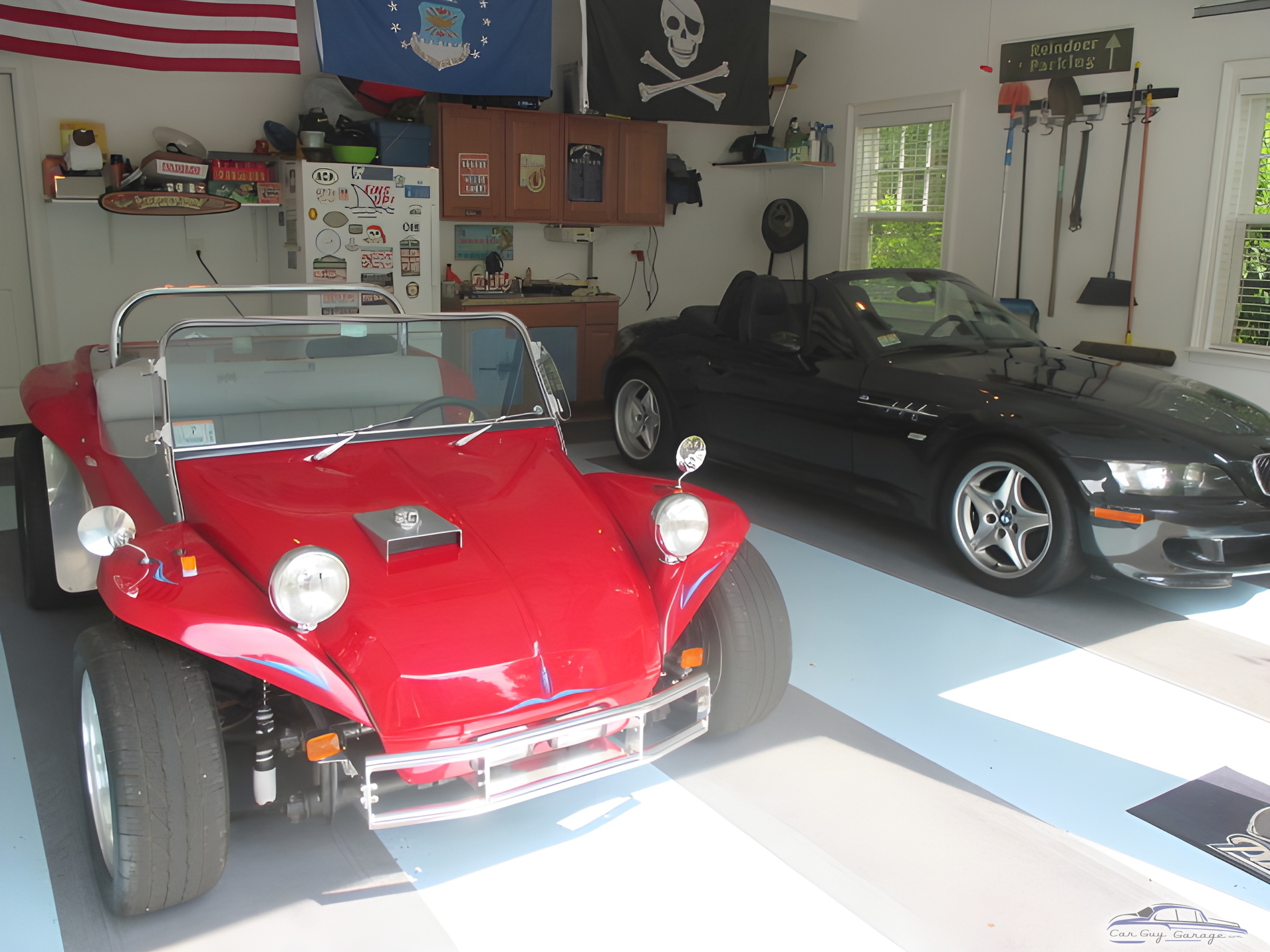 Organized garage with red dune buggy and BMW convertible - Bob from Ipswich, Ma