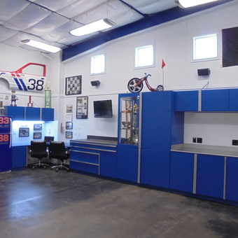 Blue Garage Cabinets and Workspace - Double Nickel Nine Motorsports from Del Rey, CA