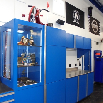 Blue Garage Cabinets and Trophy Display - Double Nickel Nine Motorsports from Del Rey, CA