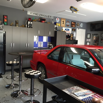 Checkerboard Shop Stools and Garage Table by Red Car - Shop Stools