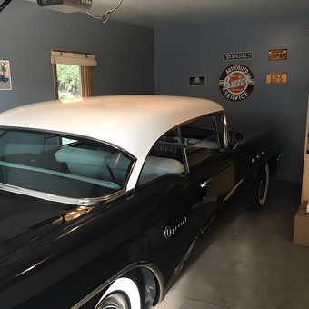 Classic car garage with Buick signs and shelf - 1955 Buick Special from Reading, PA