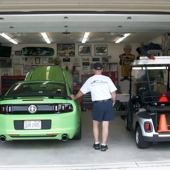 Organized garage with Mustang, golf cart, storage and decor - Robert from Columbiana, Ohio