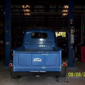 Classic Blue Ford Truck in Two-Post Lift Garage - trk006 from Estacada, or