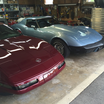 Organized garage with Corvettes, tool storage, and workbench - Ruby and Blue Indpls. In from Inpls, IN