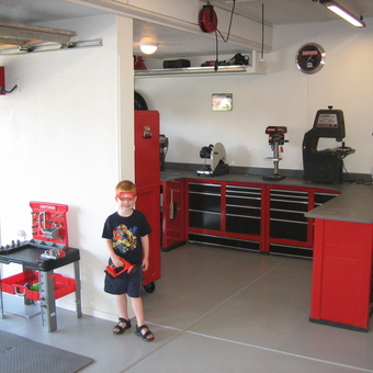 Red Tool Cabinets and Workbenches in Organized Garage - CB's Garage from Manteca, CA