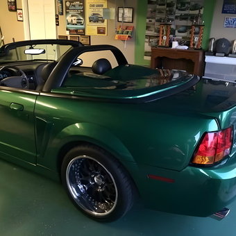 Green Convertible Mustang in Decorated Garage - Rita from Hickory, Nc