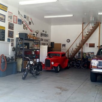 Organized Hotrod Garage with Classic Cars and Tools - Hotrod Garage from Big Bear, California