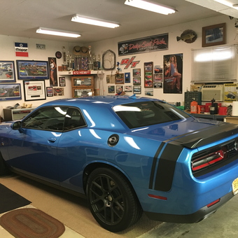 Classic Car Garage with Mopar Decor and Blue Dodge Challenger - Chally Don from Riverton, Illinois
