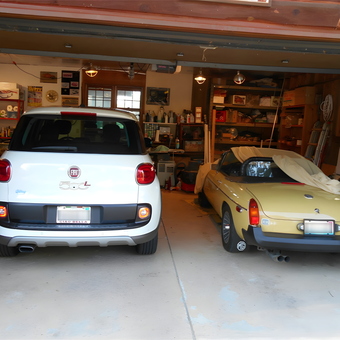 Organized garage with Fiat and MG cars - Terry from Island Lake, IL