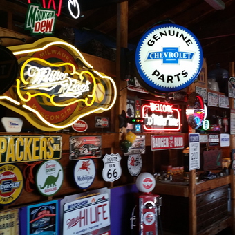 Garage Decor with Neon Signs and Vintage Metal Signs - Bill from Oconomowoc, WI