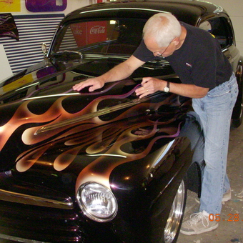 Custom Flame Painted Classic Car Hood in Garage - Ed from Tumwater, WA