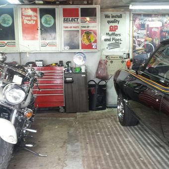 Classic Car and Motorcycle Garage with Vintage Cabinets - Louis from Revere, MA