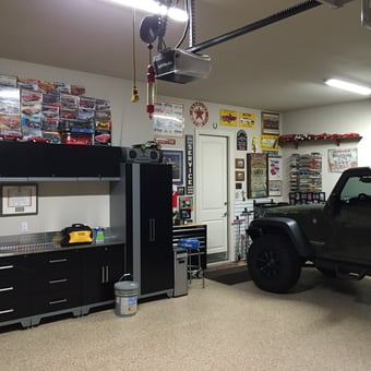 Organized Garage with Cabinets, Wall Art, and Jeep - Steve's Stangs from Hickory Creek, Tx
