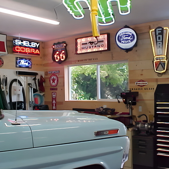 Garage with Neon Car Signs and Tool Storage - rancherodeluxe from Eagle, Idaho