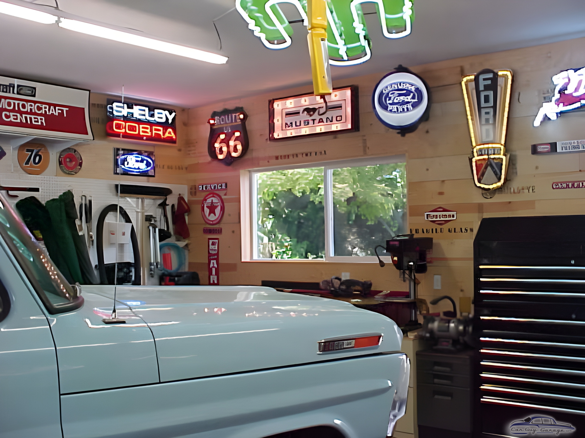 Garage with Neon Car Signs and Tool Storage - rancherodeluxe from Eagle, Idaho