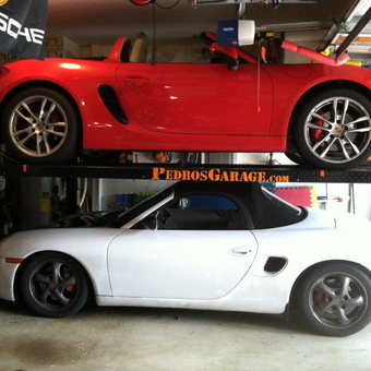 Two Porsche Convertibles on Four Post Lift - PedrosGarage from Weston, FL
