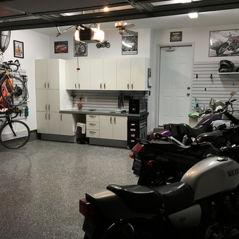 Organized Garage with Cabinets, Slatwall, and Motorcycles - Dave from Ottawa, Ontario
