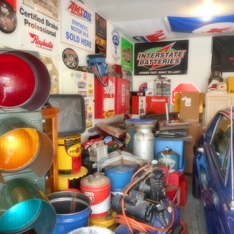 Vintage Garage Decor with Traffic Light and Signs - Mike from Nampa, ID