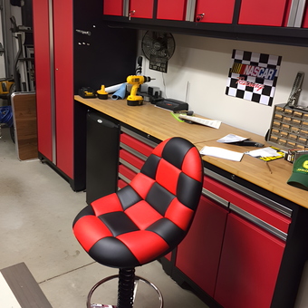 Red and Black Garage Cabinets with Racing Stool - Steve P from Greer, SC
