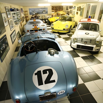 Classic Sports Cars in Checkered Floor Garage - Jacky Morel from Lege Cap Ferret, France