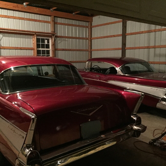Classic Red Cars and Air Compressor in Metal Garage - Scott from Westminster, Maryland
