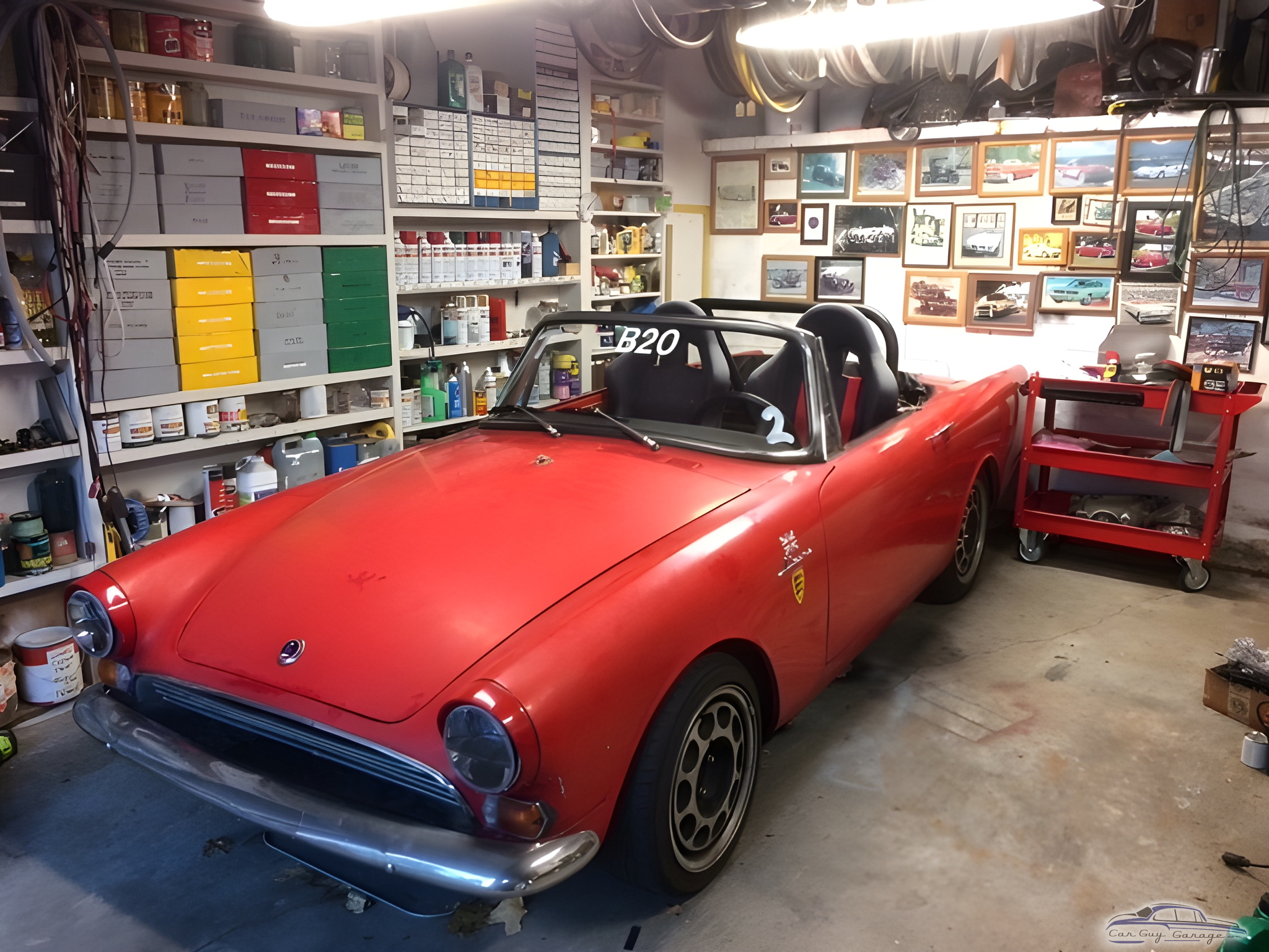 Organized garage with classic red convertible and storage - David from Nashville, TN