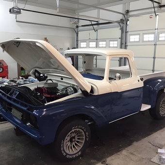 Restored Blue and White Ford Truck in Garage - old ford guy from Canton, Georga